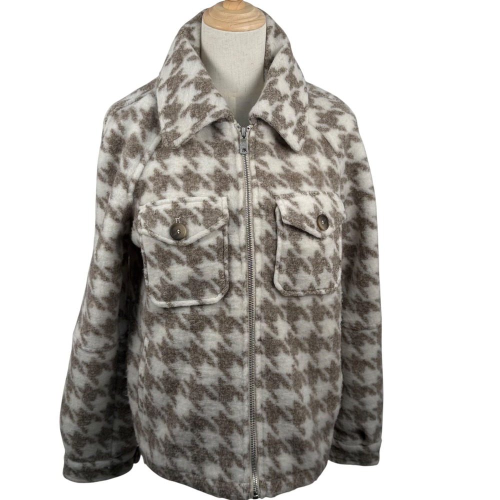 Avec Les Filles S Jacket Tan Houndstooth Fleece Zip Shacket Old Outerwear EUC